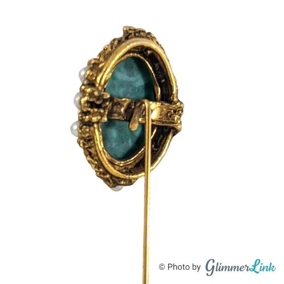 Vintage Oval Mottled Green Cabochon Faux Pearl Filigree Gold Tone Stick Pin - Picture 9 of 10